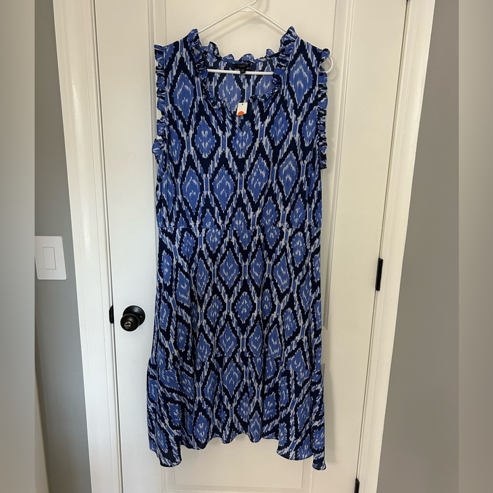 NWT Talbots Plus Petite 16WP Sleeveless Blue Ikat Print Ruffle Trim Dress New